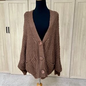 Pink Lily Dark Chocolate Brown Chunky Knit Drop Sleeve Cardigan Sz M Medium